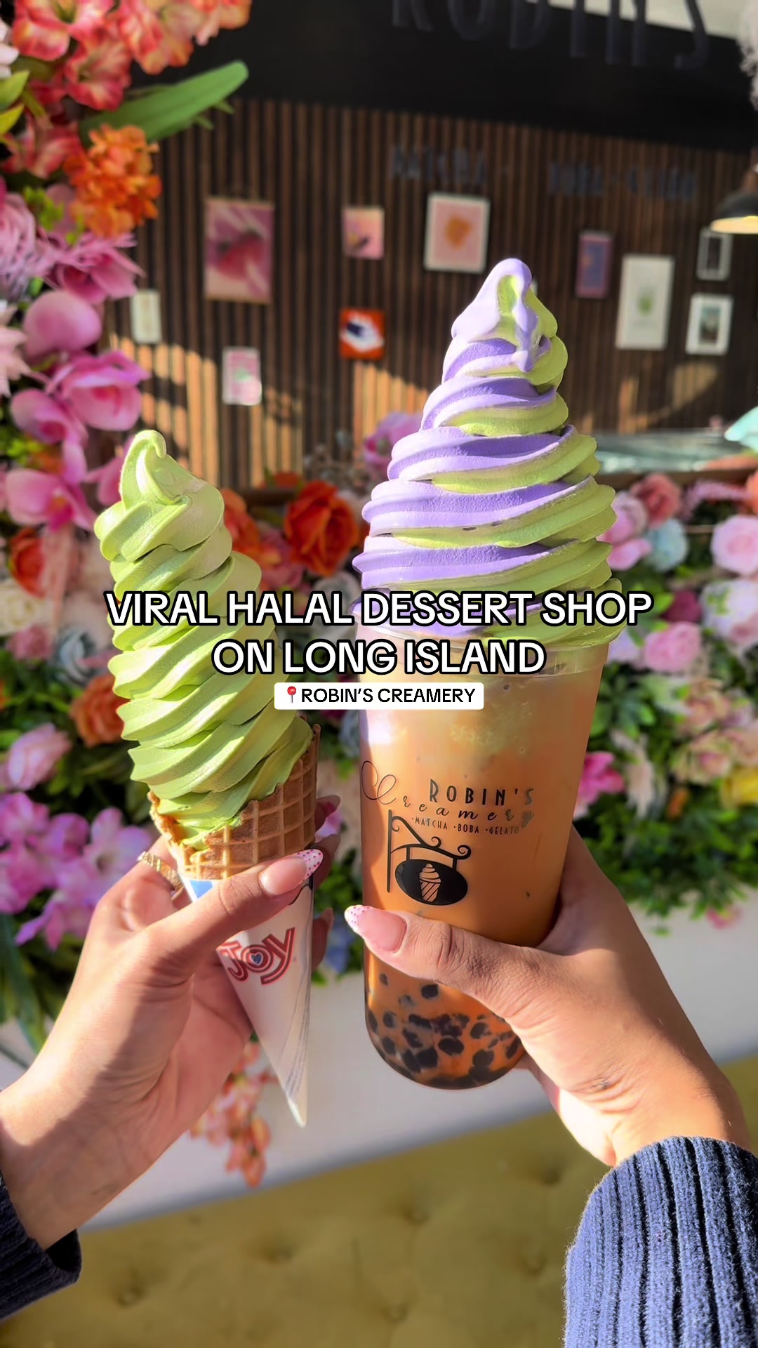 Matcha & Ube Soft Serve + more desserts on Long Island! 🍦🍵

📍Robin’s Creamery @robinscreamery 
424 Sunrise Hwy, Lynbrook, NY 11563

Items Featured:
-Matcha Soft Serve (con)
-Matcha & Ube Soft Serve with Thai Bubble Tea (float) 
-Dubai Chocolate Strawberries 
-Affogato
-Brown Sugar Boba
-Mango Boba
-Strawberry Matcha
-Hot Chocolate

Give it a try & enjoy!