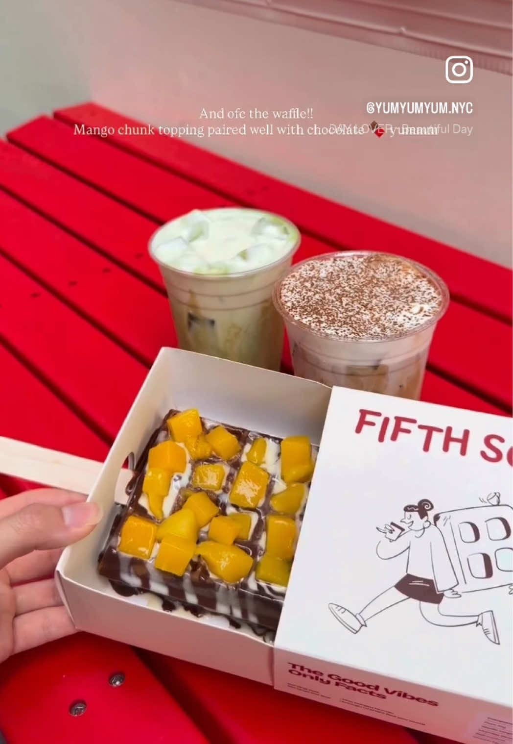 New coffee spot opened in East Village ☕️✨
@fifth.square 

Tried a few of their signature drinks:
🤎 Tiramisu latte — creamy with that classic dessert flavor
💚 Pistachio matcha — nutty + earthy combo, super unique
🧂 Sea salt latte — smooth with the perfect sweet & salty balance

Also got their Mango Craze waffle 🥭
freshly made waffle topped with juicy mango chunks and chocolate sauce… such a good treat✨🤤

📍 Fifth Square (304 E 5th St, New York, NY 10003)

Cute spot with a nice variety of drinks and desserts — perfect for a chill coffee break 👀

#nyccafe #eastvillage #nycfoodie #matchalover #coffeelover